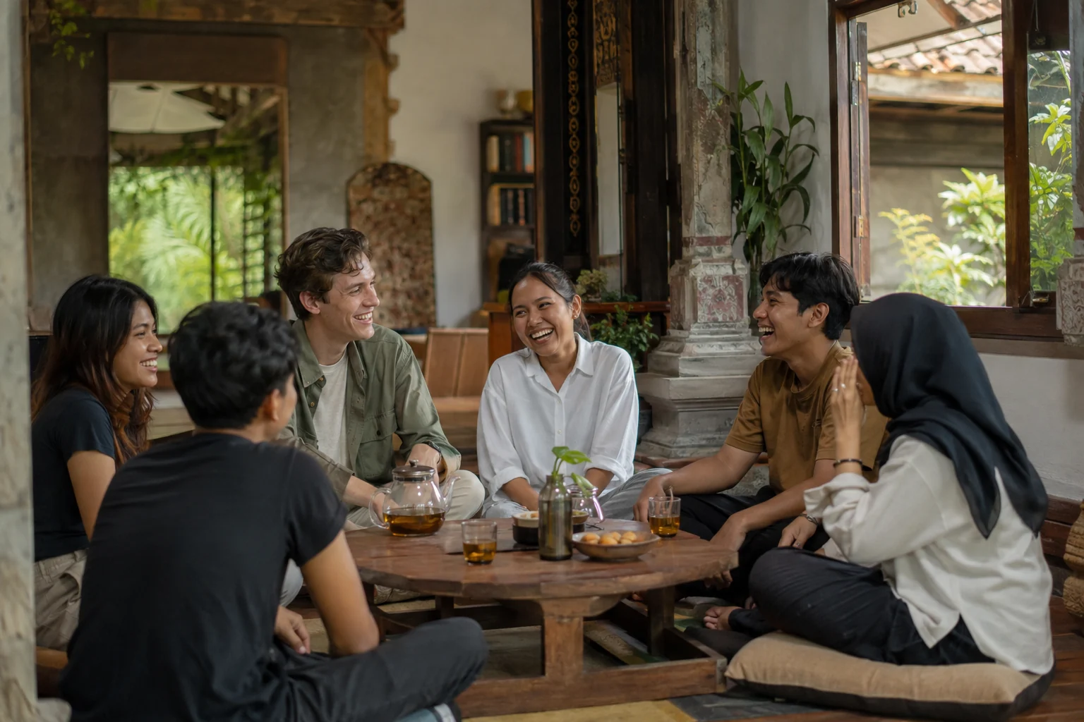 International students and Indonesian peers laugh and share stories around a low table in a welcoming Indonesian community space.