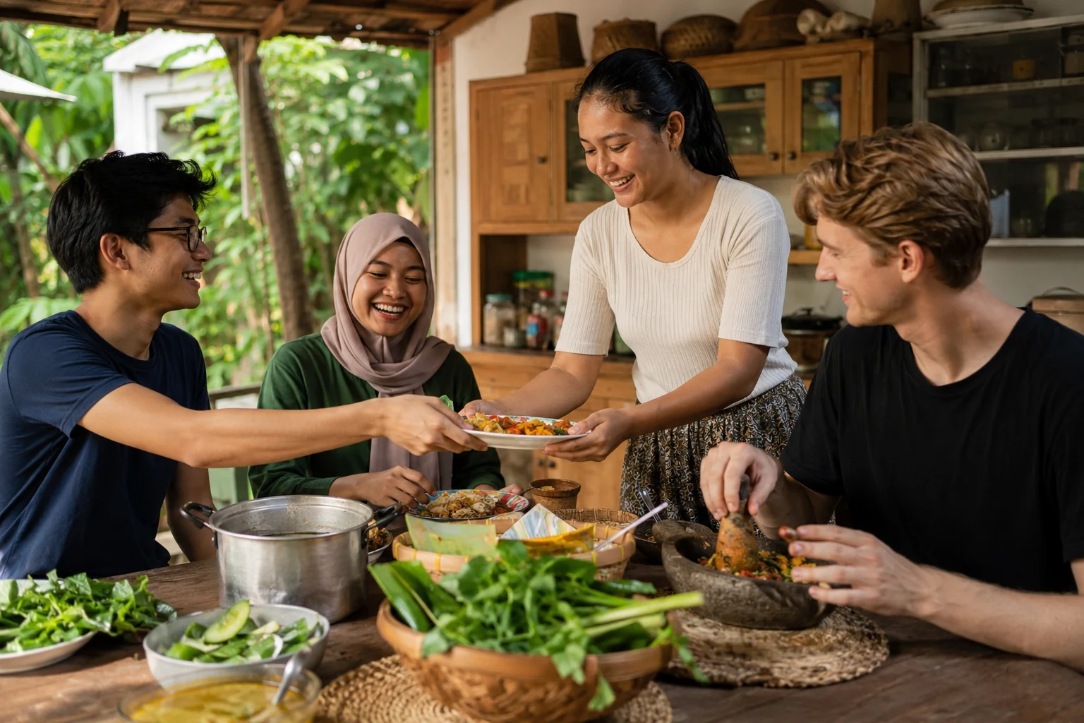 Young international students and Indonesian friends prepare and share food together in a warm community kitchen.