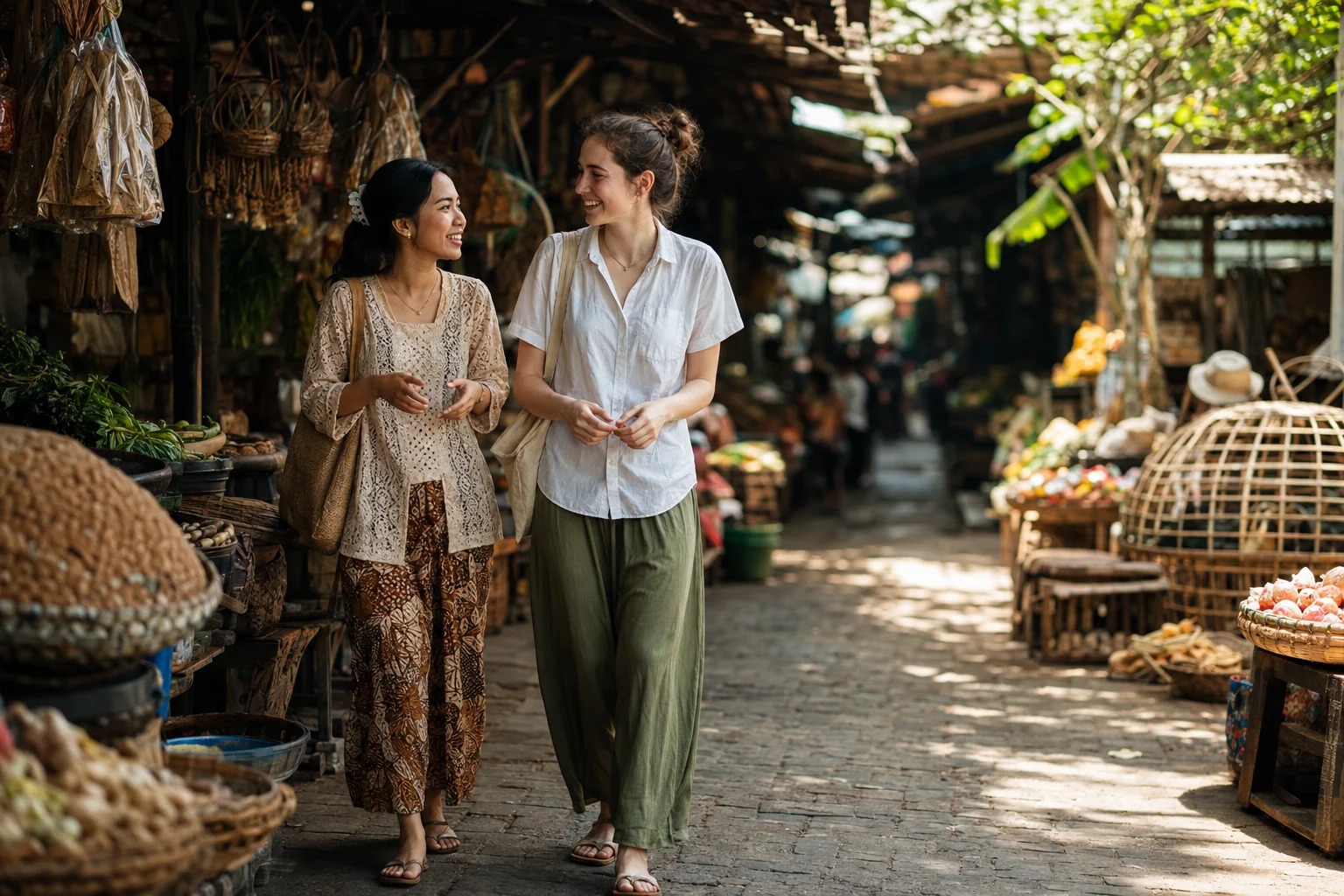 A young Indonesian Buddy and an international student walk through a local market while sharing a relaxed conversation.