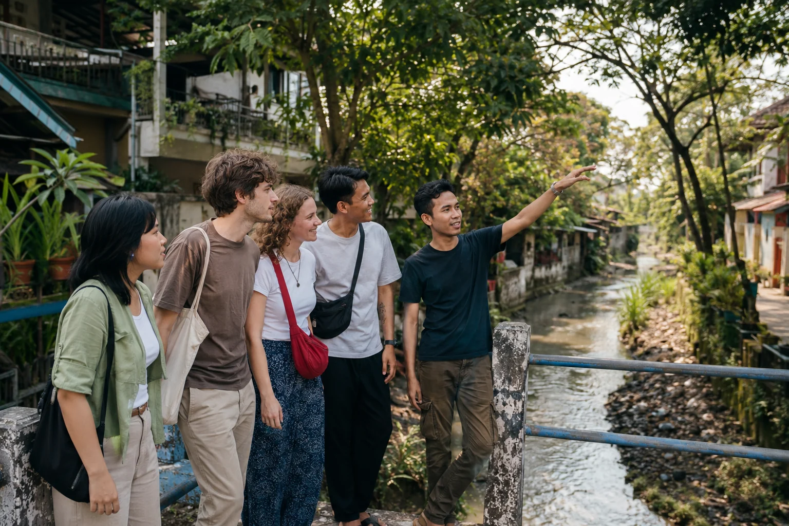 International students explore a leafy Indonesian neighbourhood with local friends who explain everyday community life.