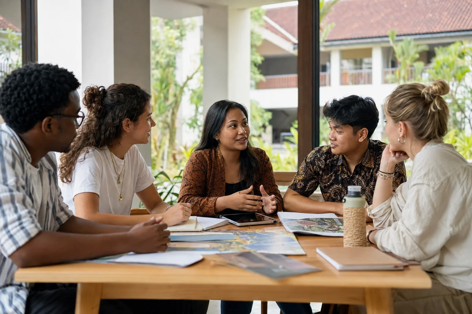 A university international office coordinator listens to students while planning welcoming support in Indonesia.