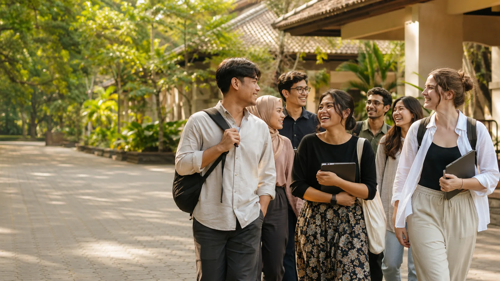International students and young Indonesian peers walking together through a tropical university courtyard in Indonesia.