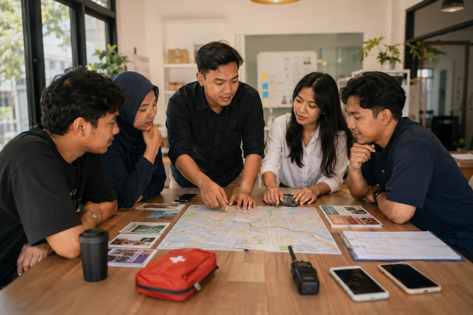 Young Indonesian buddies review routes and safety materials before a program activity.