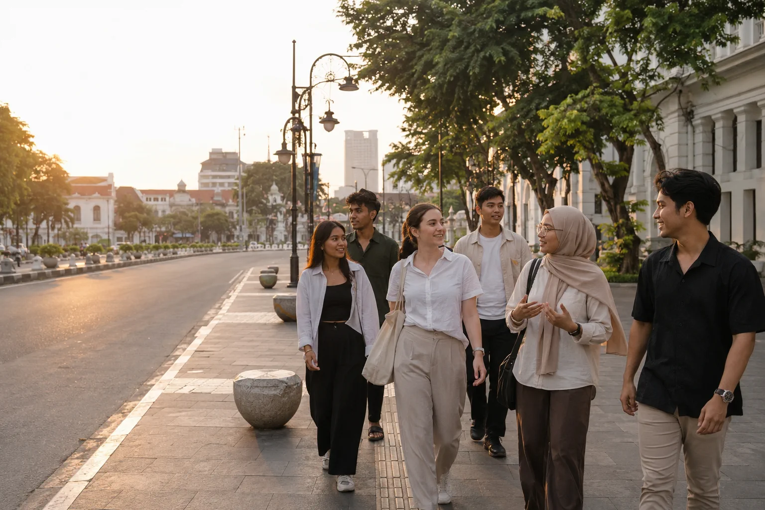 Young adult international visitors and Indonesian peers walking together along a historic Surabaya street.