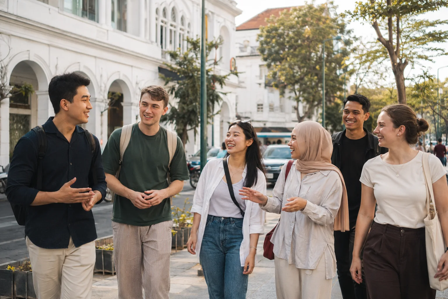 Adult international students and Indonesian conversation Buddies walk and talk along Tunjungan Street in Surabaya.