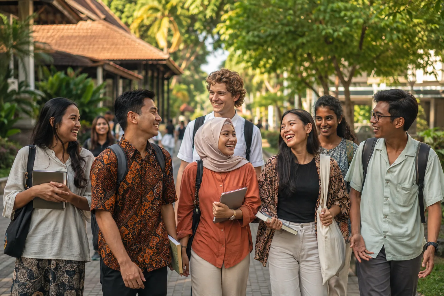 International students and Indonesian peers smile together while beginning a relaxed city challenge in Surabaya.