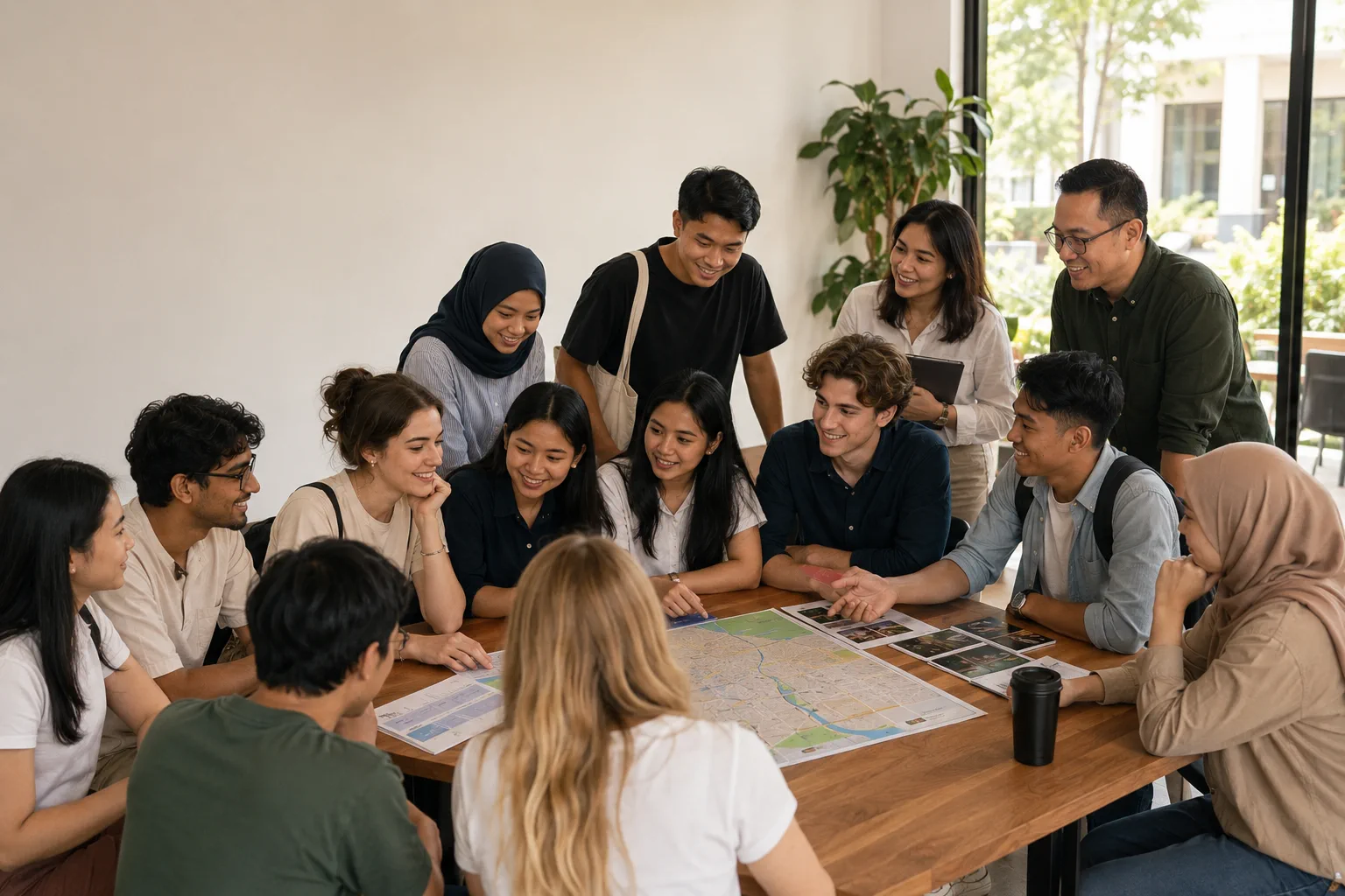 Students from different institutions and independent applicants plan a Surabaya experience together around a shared program map.