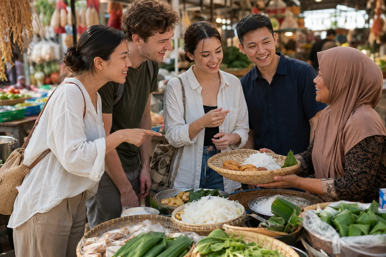 Young adults learn about ingredients from a friendly vendor at a Surabaya market.