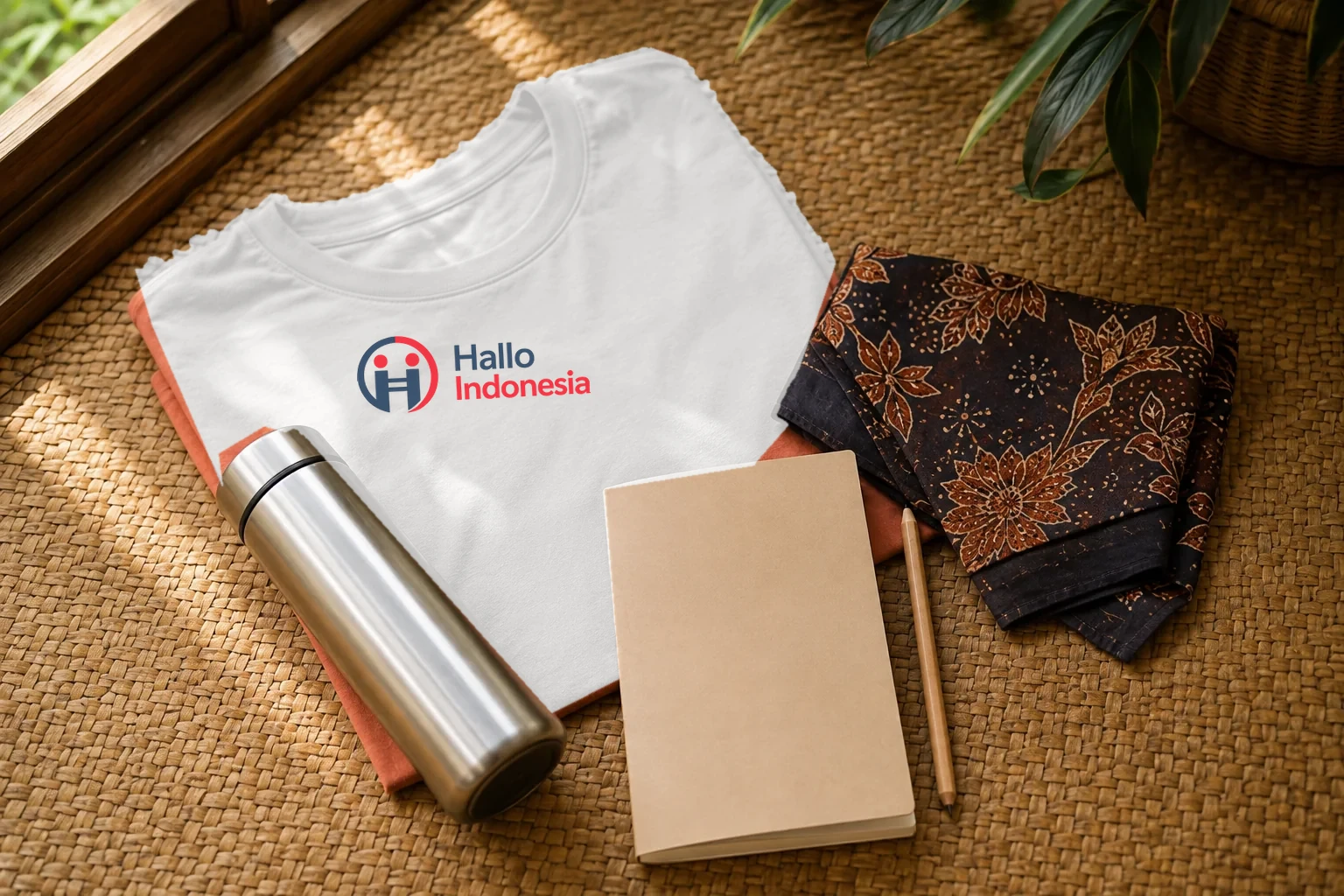 A white Hallo Indonesia logo T-shirt with a reusable tumbler, program kerchief, and notebook.