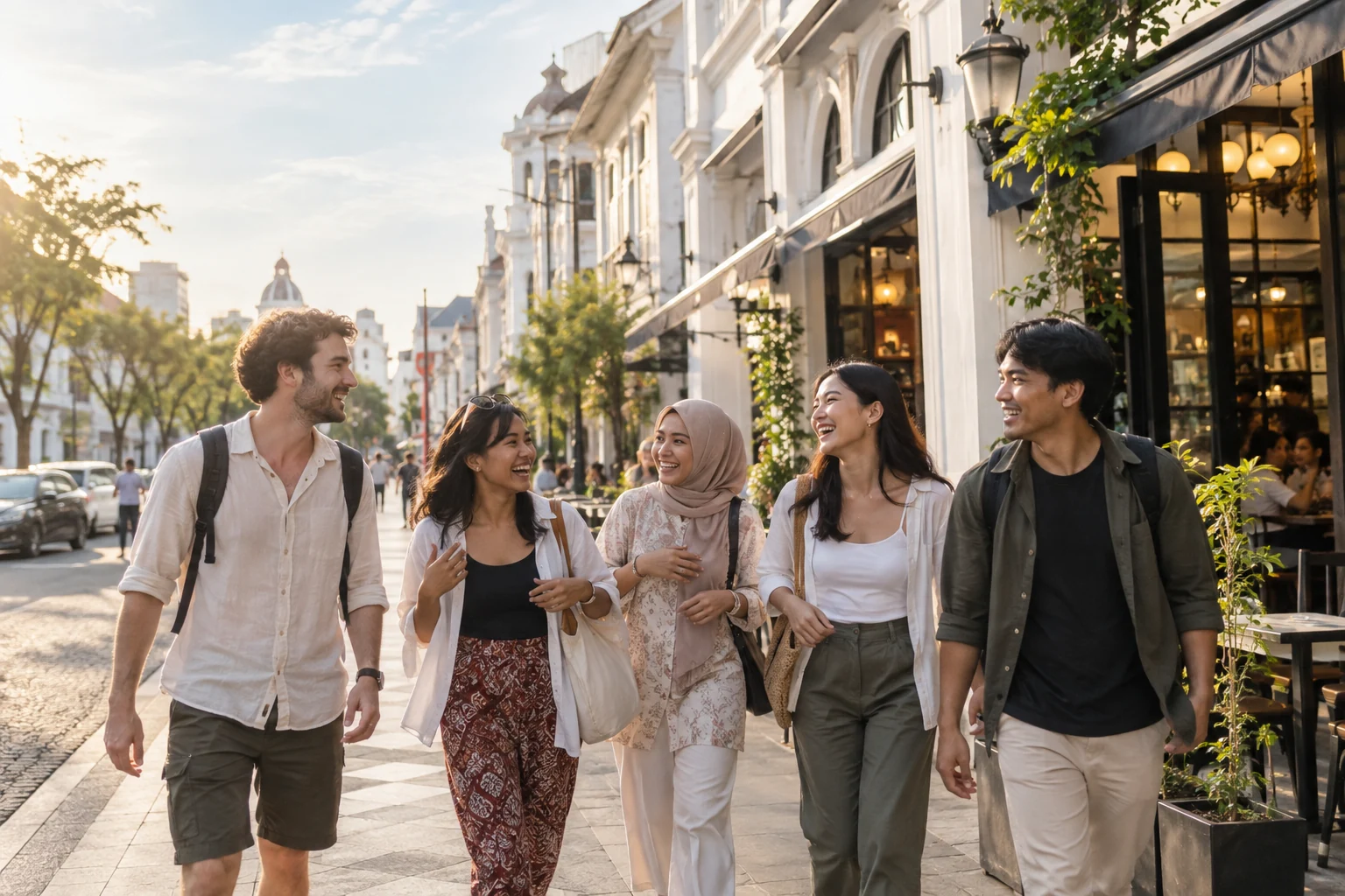 A group of young friends walking and laughing together along a historic city street.