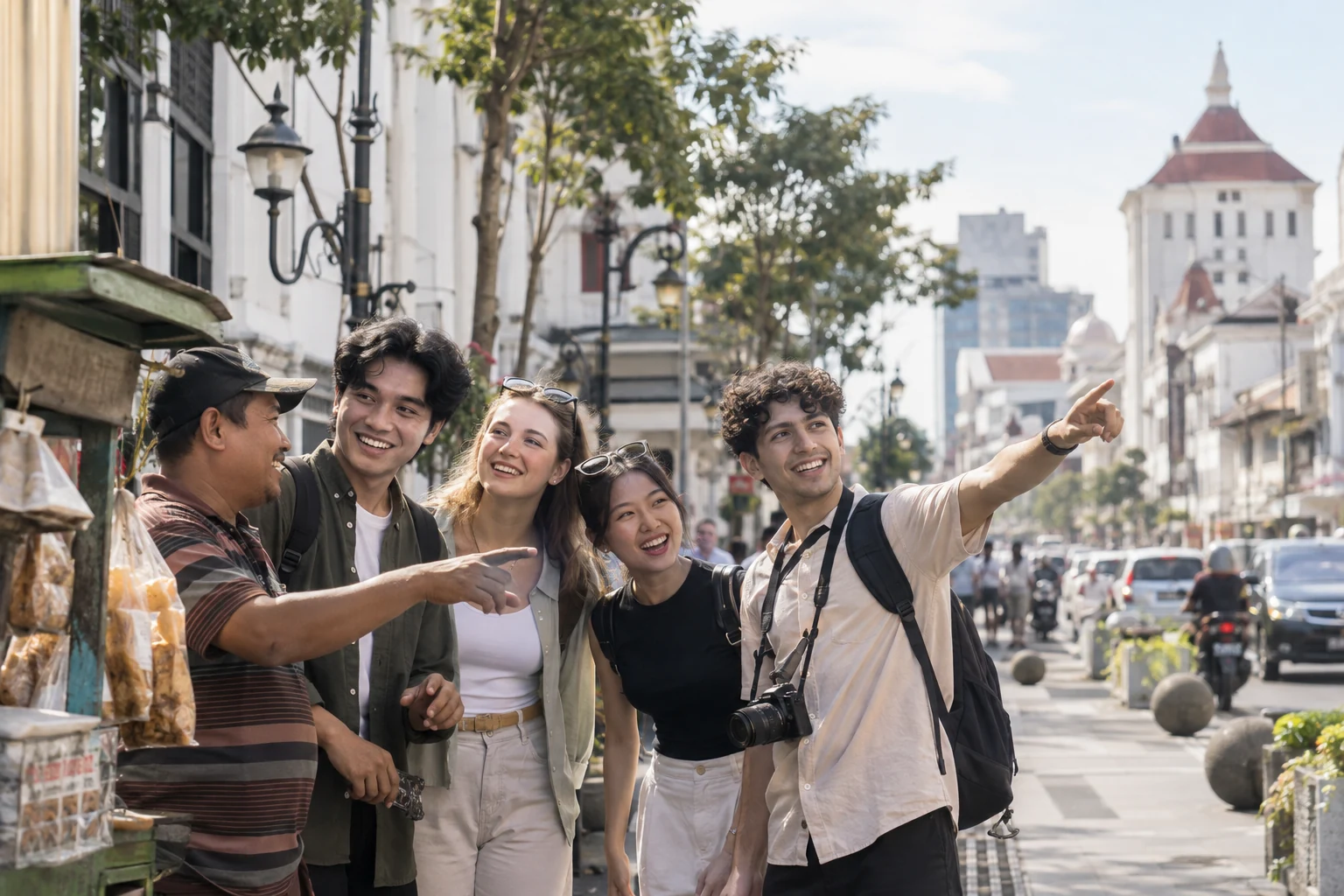Young travelers cheerfully asking a local street vendor for directions.