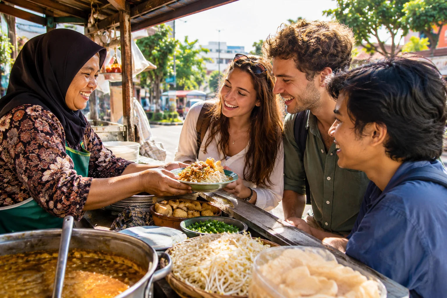 A smiling food vendor presenting a dish to curious young visitors.