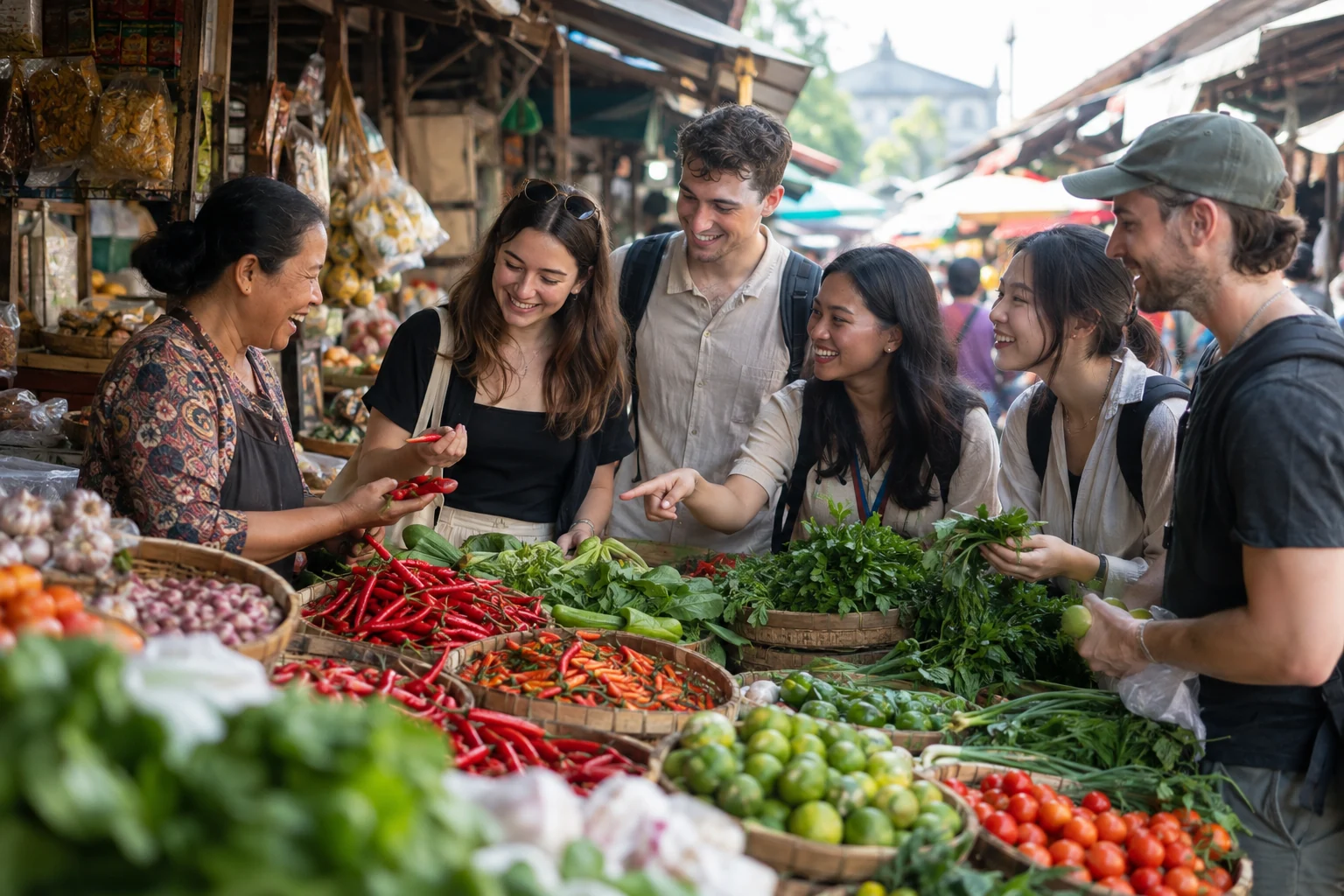 Young travelers chatting with a market vendor about vegetables and spices.