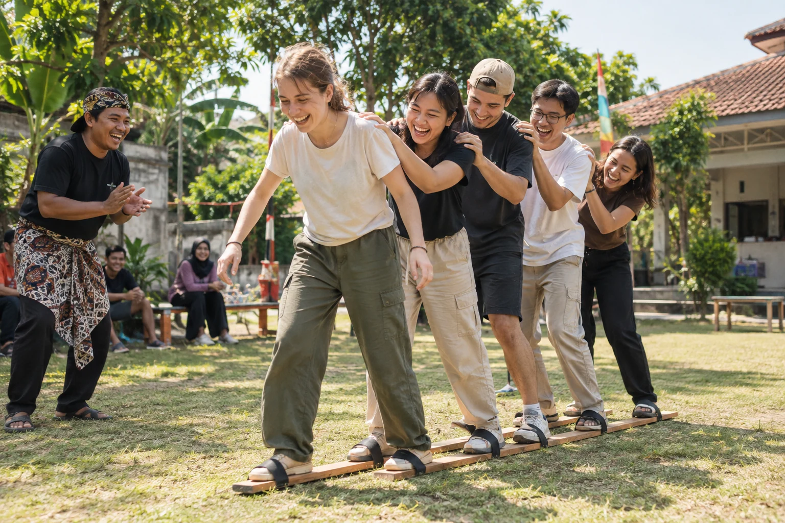 A multicultural group laughing while playing a coordinated traditional team game.