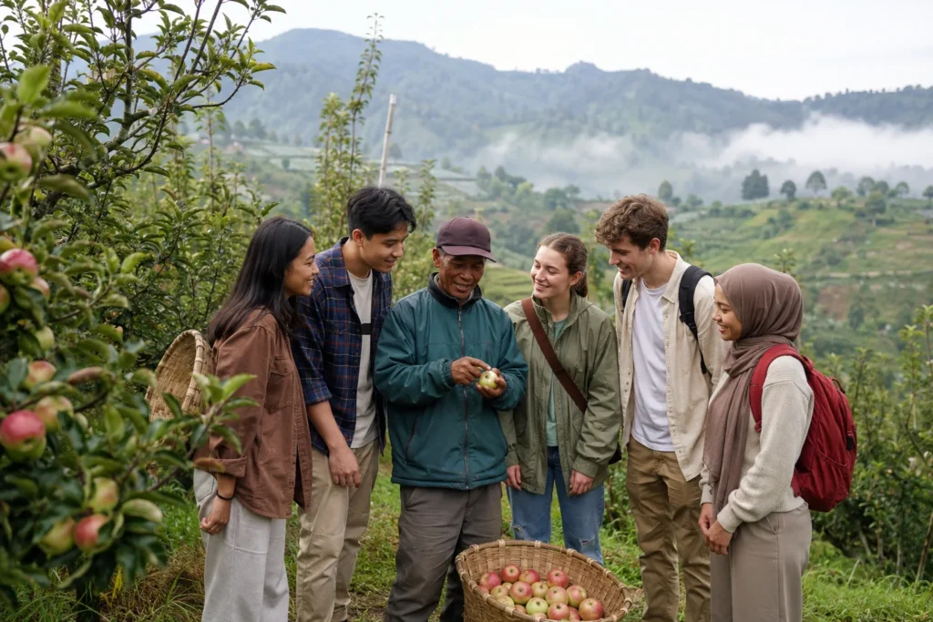 A Batu apple farmer shows ripe fruit to Indonesian and international young visitors in a highland orchard.