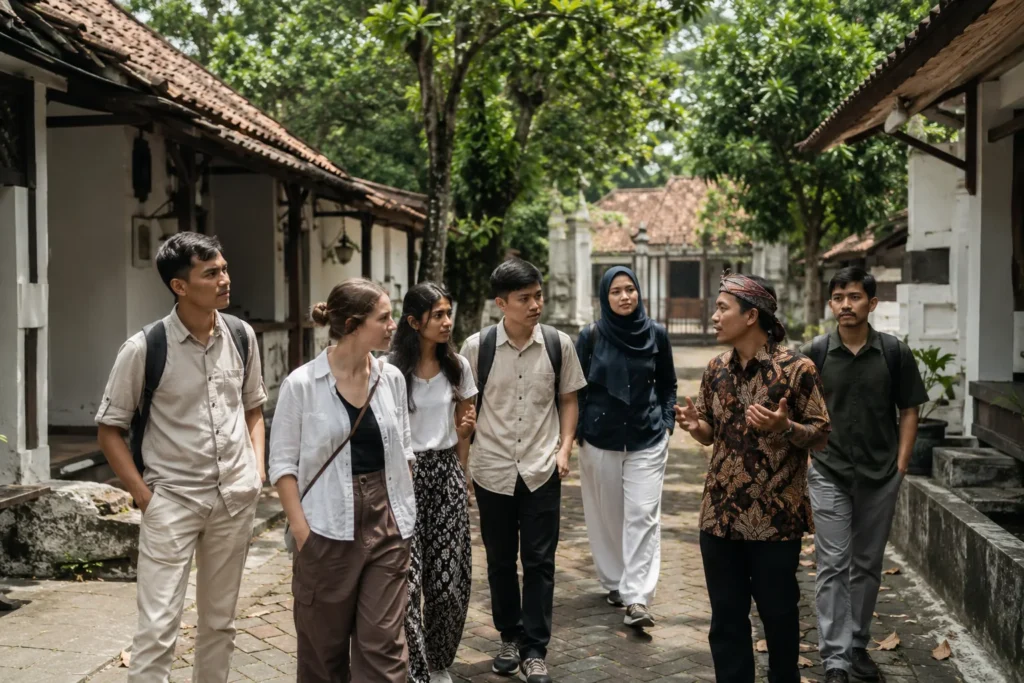 Young Indonesian and international visitors learn with a local guide near the Bung Karno memorial complex in Blitar.