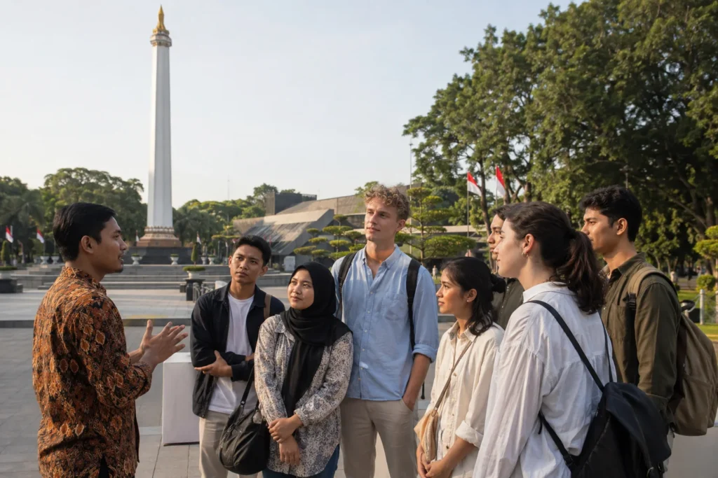 Young visitors and an Indonesian guide reflect near Tugu Pahlawan in Surabaya on a clear morning.
