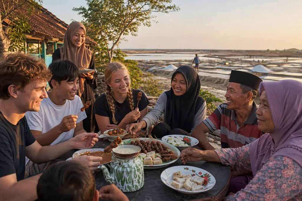 A Madurese food vendor serves sate while young visitors learn beside a coastal salt landscape in East Java.