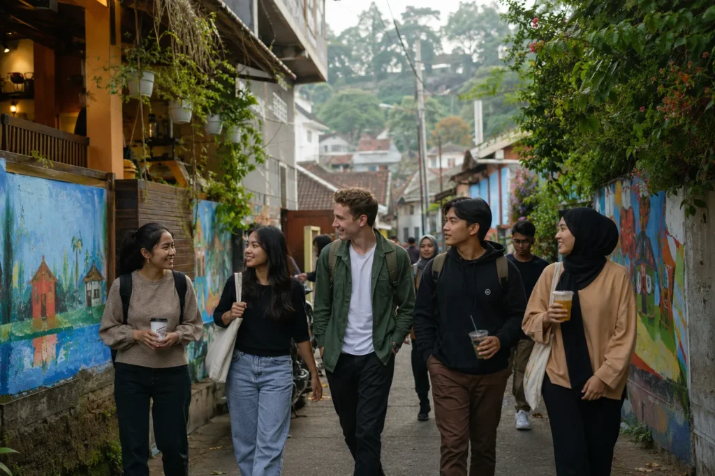Indonesian and international university students walk through a leafy Malang neighbourhood near campus.