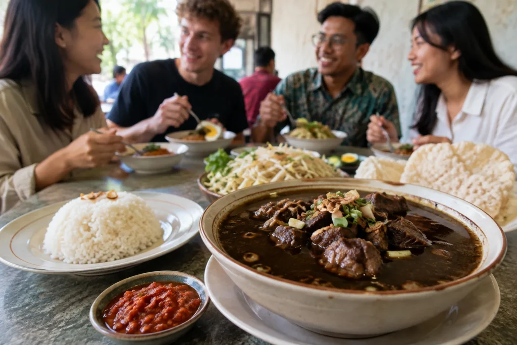 A bowl of Surabaya rawon with rice, bean sprouts, salted egg, sambal, and crackers on an Indonesian table.