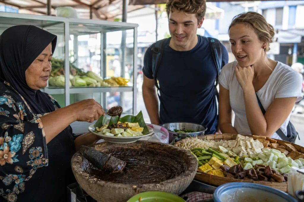 A Surabaya vendor prepares rujak cingur with fruit, vegetables, tofu, tempeh, petis dressing, and traditional utensils.