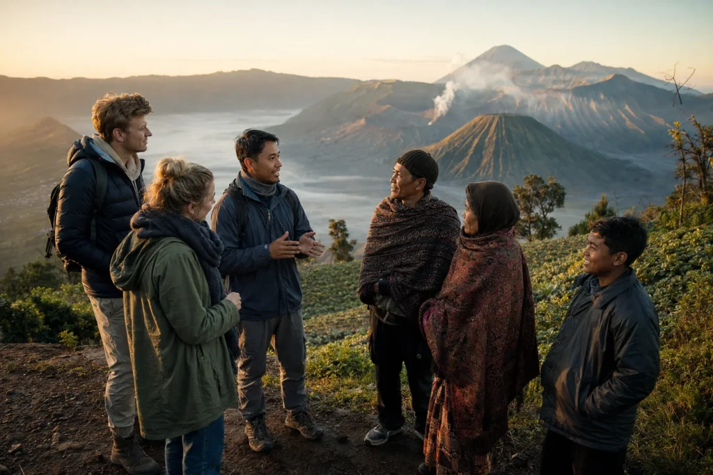 A Tengger guide speaks with young visitors overlooking Mount Bromo and the sea of sand in East Java.