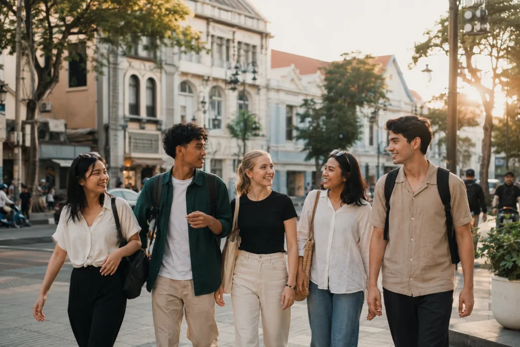 Young international visitors and Indonesian friends walk beneath heritage façades on Jalan Tunjungan in Surabaya.